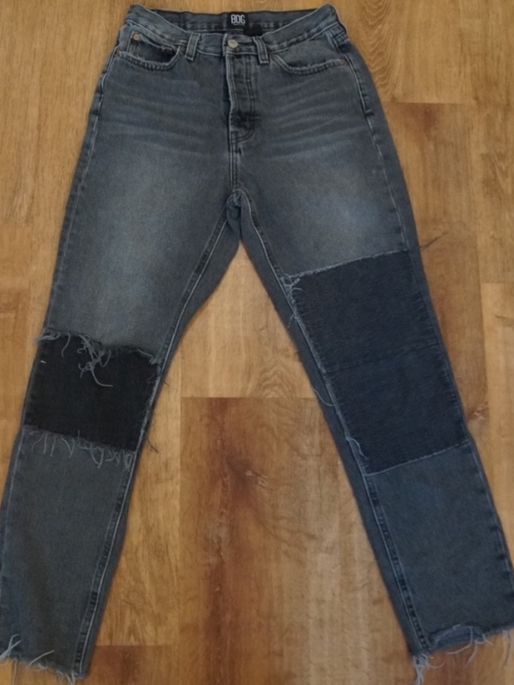 BDG Urban Outfitters Black Patchwork Jeans High Rise Straight Leg Raw Hem 27